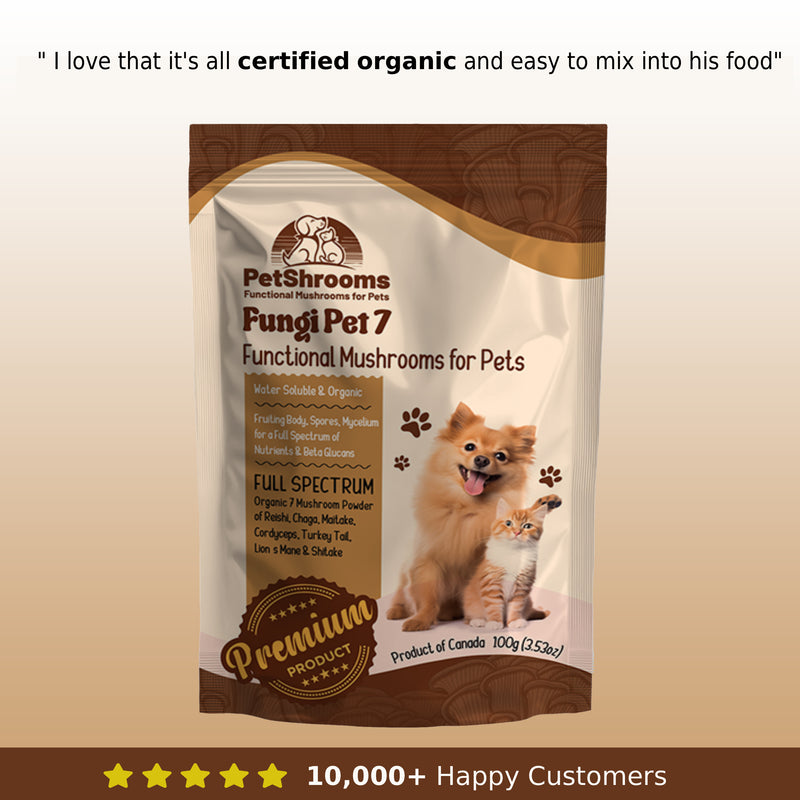 PetShroom Health PetShrooms 7 Mushroom Powder Supplement for Dogs & Cats in a clear package with vibrant label design.